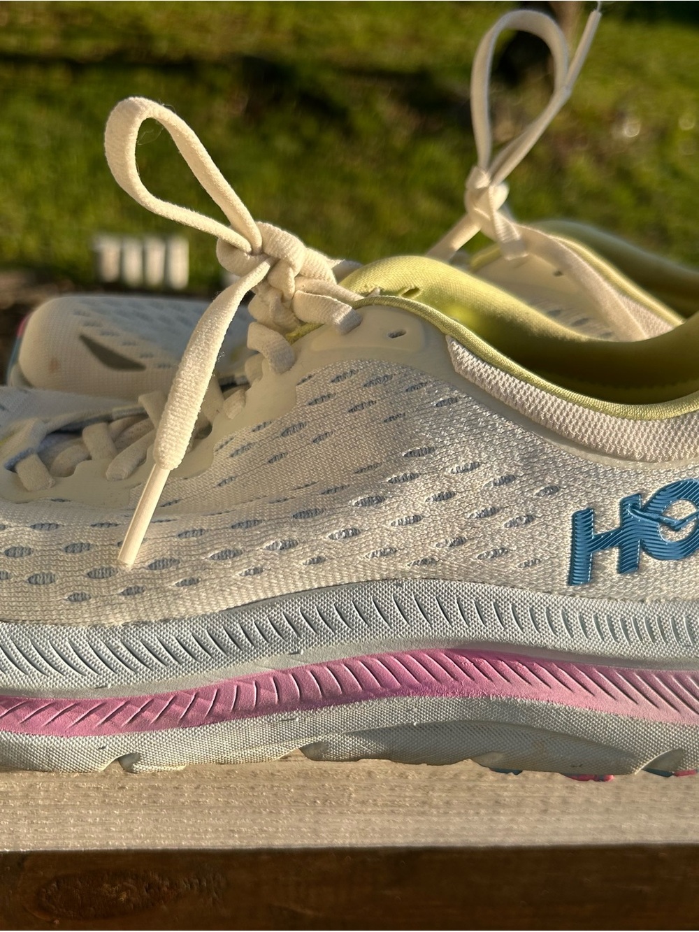 Hoka One One Women's White Running Shoes with Pastel Blue, Pink & Yellow Accents - Picture 9 of 11